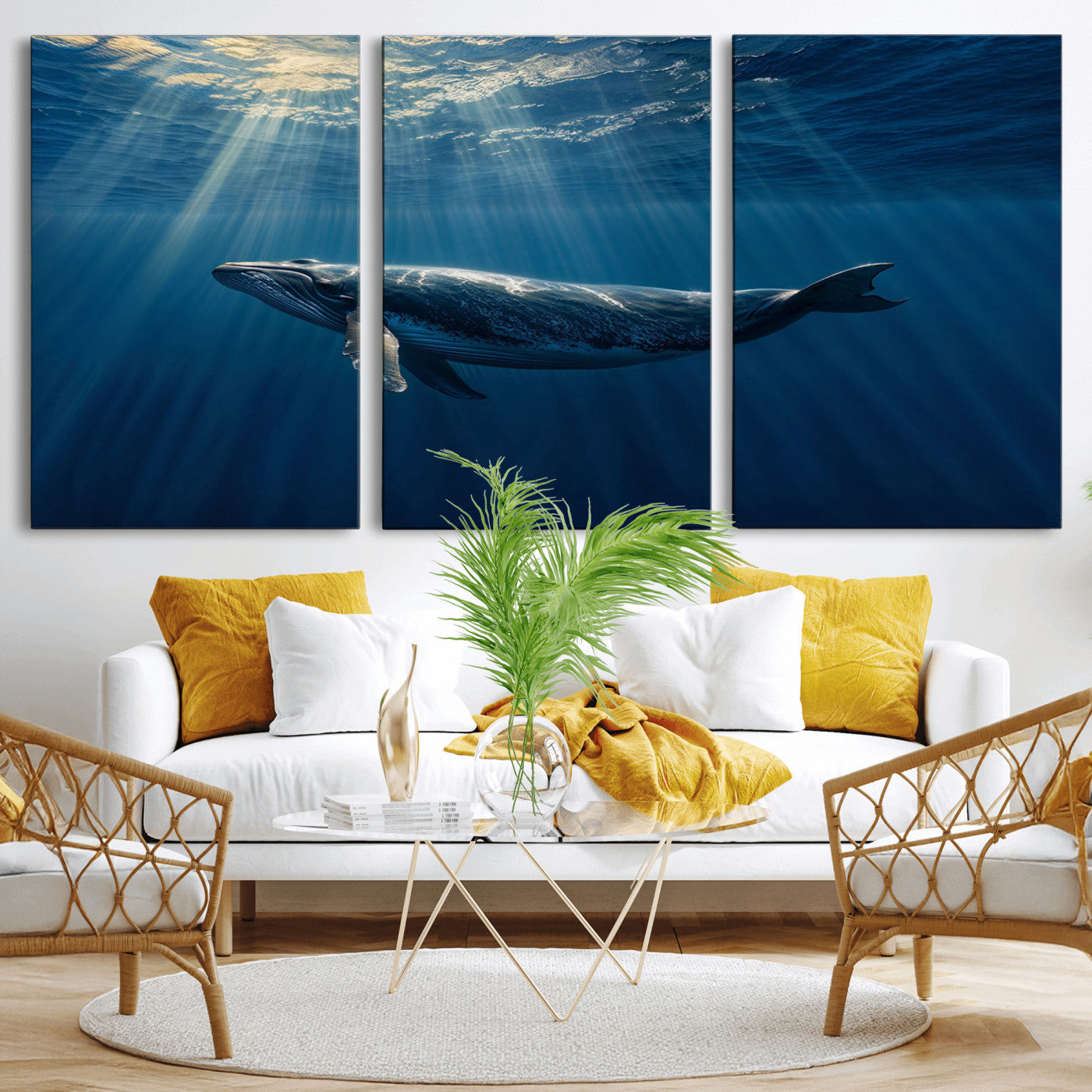 18052-MGV-CV-36X24-Whale Wall Art – Majestic Ocean Canvas Print Marine Life Underwater Sunlight Scene, Nautical Coastal Decor for Living Room,