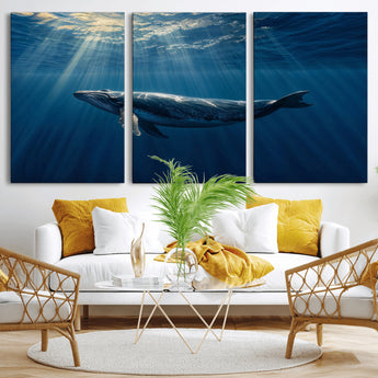 18052-MGV-CV-36X24-Whale Wall Art – Majestic Ocean Canvas Print Marine Life Underwater Sunlight Scene, Nautical Coastal Decor for Living Room,