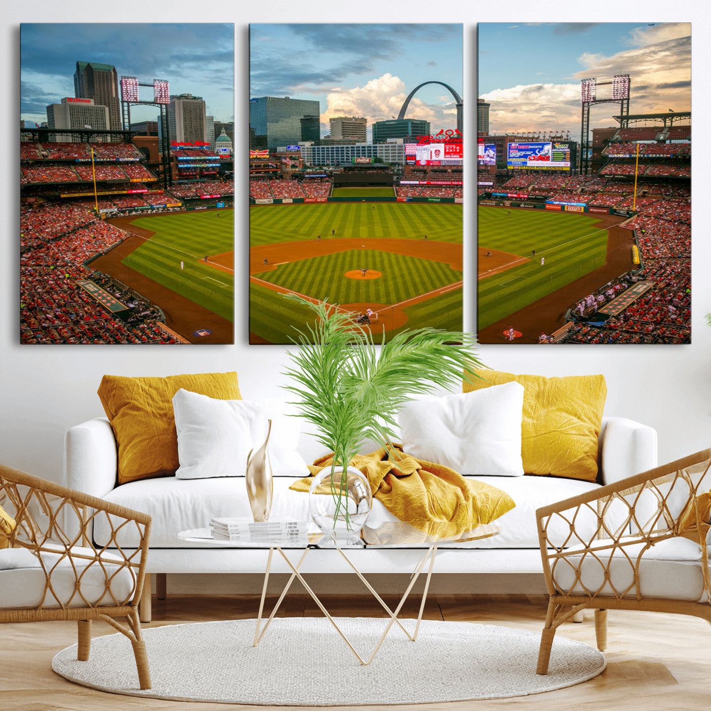 91908-MGV-CV-36X24-Baseball Stadium Wall Art – Canvas Print Game Day Field City Skyline Iconic Arch Scene Sports Photography, Decor for Game Room,