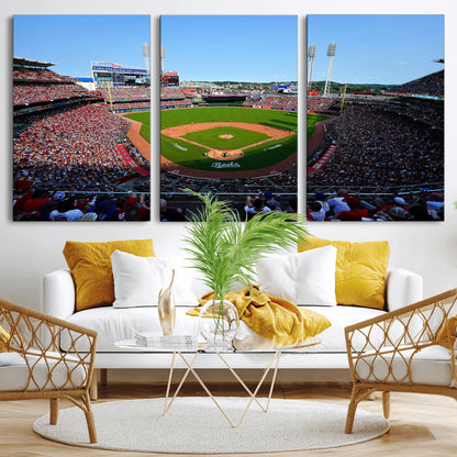 90998-MGV-CV-36X24-Baseball Stadium Wall Art – Canvas Print Day Game Field Packed Crowd Bright Blue Sky Sports Photography, Classic Decor for Game