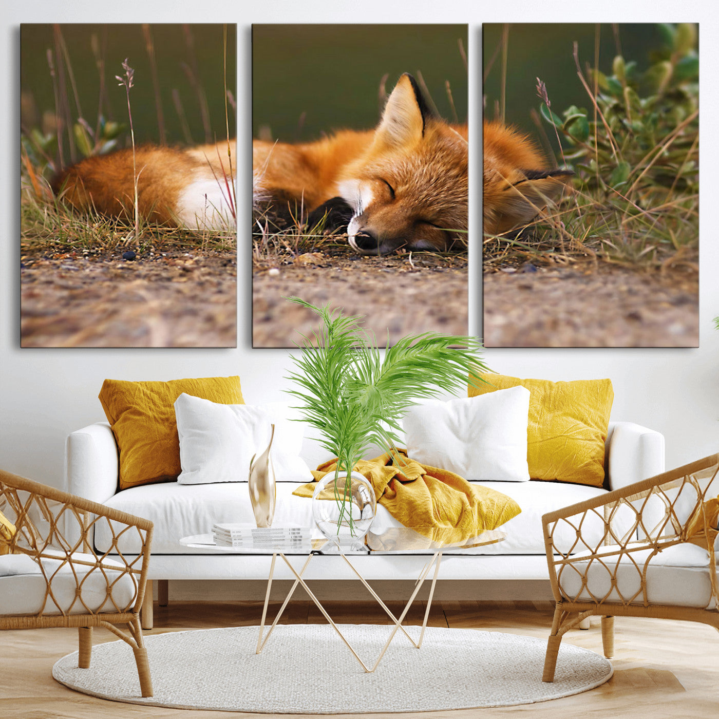 25085-MGV-CV-36X24-Sleeping Fox Wall Art Canvas Print, Framed Rustic Fox Art Picture Print, Wildlife Animal Perfect Rustic Farmhouse Decor Artwork