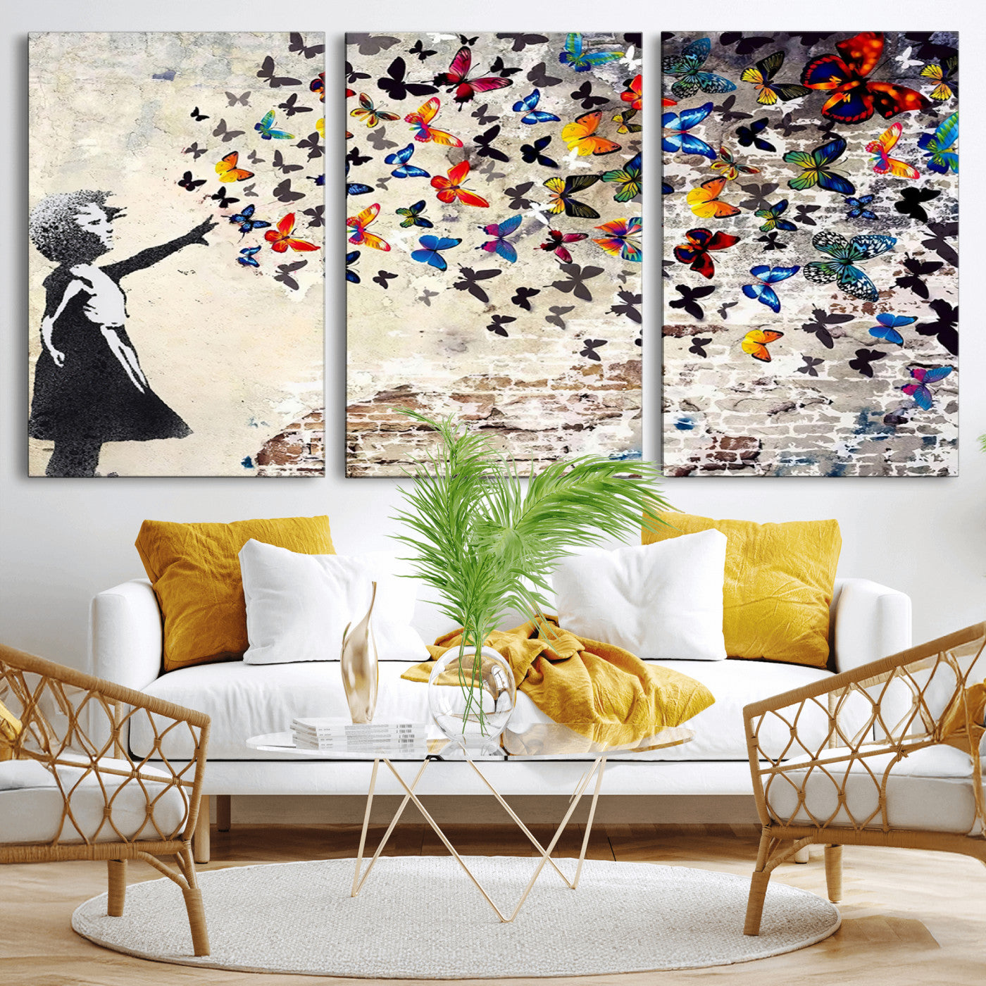97895-MGV-CV-36X24-Girl with Butterflies Wall Art – Colorful Street Art Style Canvas Print, Modern Graffiti-Inspired Butterfly Artwork for Living