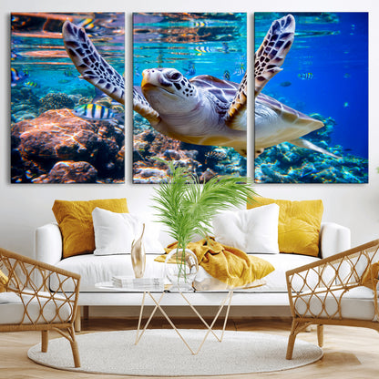 12683-MGV-CV-36X24-Sea Turtle Wall Art – Graceful Ocean Canvas Print with Coral Reef and Tropical Fish, Coastal Marine Life Decor for Beach House,
