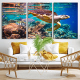 66614-MGV-CV-36X24-Sea Turtle Wall Art – Hawksbill Turtle Swimming Over Coral Reef Canvas Print, Ocean Marine Life Decor for Beach House, Coastal