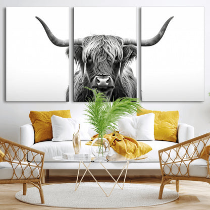 49556-MGV-CV-36X24-Highland Cow Wall Art – Black and White Scottish Highland Cattle Print, Rustic Farmhouse Minimalist Animal Portrait Canvas for