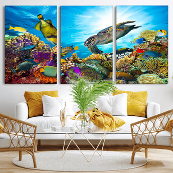 44772-MGV-CV-36X24-Underwater Sea Turtle Wall Art – Vibrant Coral Reef and Tropical Fish Canvas Print, Ocean Marine Life Decor for Living Room,