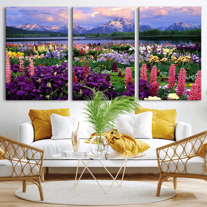 82270-MGV-CV-36X24-Colorful Wildflower Meadow Landscape Wall Art – Snow-Capped Mountain Lake Sunset Print, Vibrant Nature Artwork for Living Room,