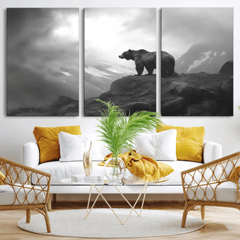 49504-MGV-CV-36X24-Black and White Grizzly Bear Wall Art – Wilderness Wildlife Painting, Rustic Mountain Cabin Decor, Monochrome Animal Print for