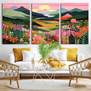 99638-MGV-CV-36X24-Sunset Meadow Wall Art – Panoramic Mountain Landscape with Wildflowers Canvas Print, Vibrant Nature Decor for Living Room, Bedroom