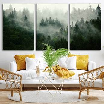 167720496-MGV-CV-36X24-Misty Forest Wall Art – Serene Evergreen Trees Canvas Print, Foggy Mountain Nature Landscape Decor for Bedroom, Living Room or
