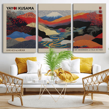 49228-MGV-FC-93X47-3P_Black-Kusama Wall Art – Vibrant Japanese Landscape Canvas Print, Modern Abstract Mountain and River Decor for Living Room, Office or Art