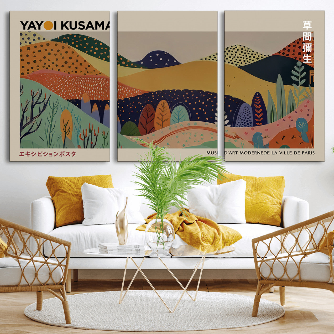 11242-MGV-CV-60X30-3P-Kusama Wall Art – Abstract Colorful Hills Canvas Print, Modern Japanese Inspired Landscape Poster for Living Room, Office or