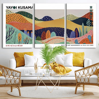 66936-MGV-CV-60X30-3P-Kusama Wall Art – Vibrant Abstract Hills Canvas Print, Japanese Modern Landscape Poster for Living Room, Office, Studio or