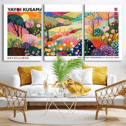 75201-MGV-CV-36X24-Yayoi Kusama Floral Wall Art – Vibrant Abstract Landscape Canvas Print, Modern Pop Art Poster for Living Room, Bedroom, or Gallery