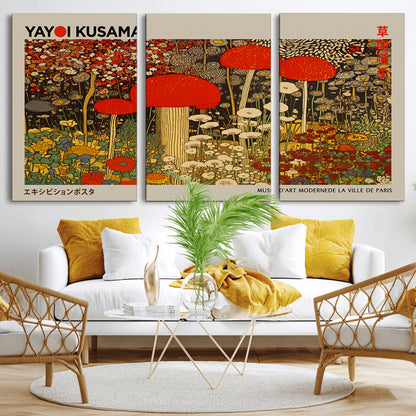 38013-MGV-CV-36X24-Yayoi Kusama Inspired Mushroom Garden Wall Art – Whimsical Botanical Canvas Print, Surreal Nature Poster, Fantasy Floral Artwork
