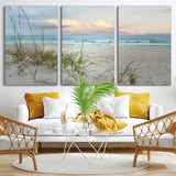 Test1001-MGV-CV-60X30-3P-Coastal Beach Wall Art – Panoramic Ocean Waves and Sandy Dunes Canvas Print, Serene Seascape with Sea Oats for Relaxing Home or