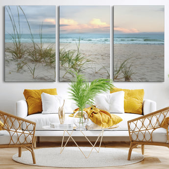 Test1001-MGV-CV-60X30-3P-Coastal Beach Wall Art – Panoramic Ocean Waves and Sandy Dunes Canvas Print, Serene Seascape with Sea Oats for Relaxing Home or