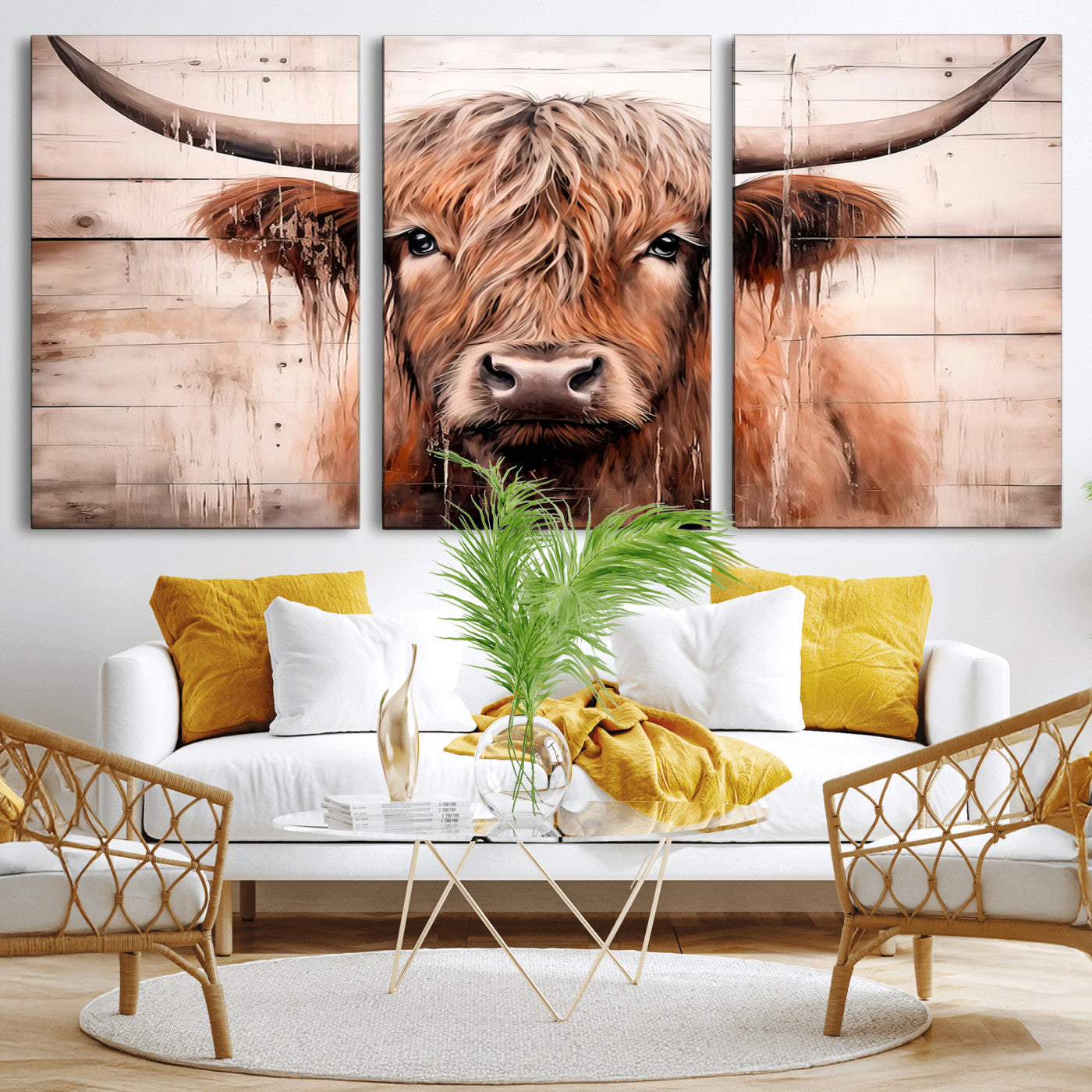 93730-MGV-CV-36X24-Scottish Cow Wall Art Canvas Print, Framed Longhorn Cow Art Picture Print, Highland Cattle Perfect Rustic Farmhouse Decor Artwork