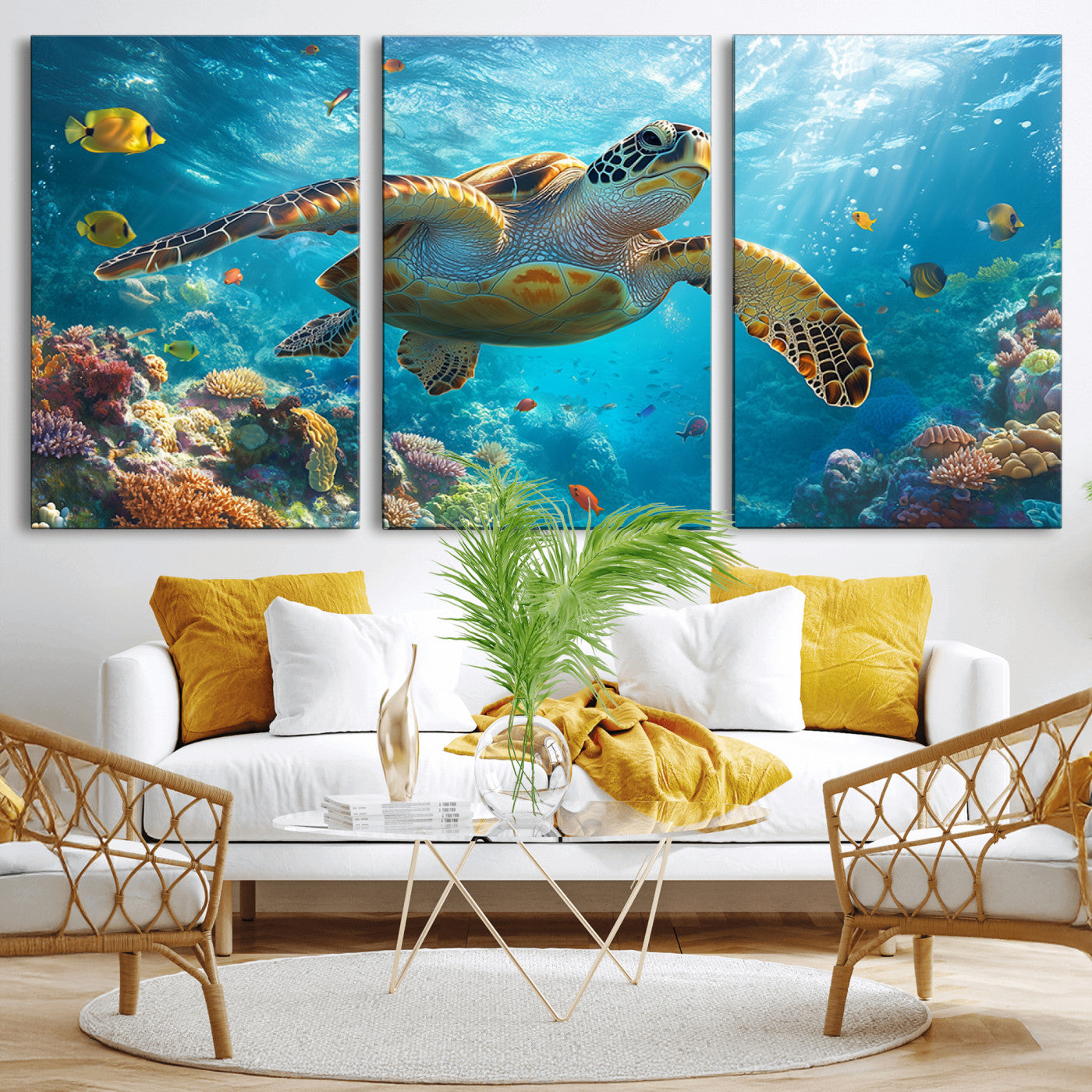37623-MGV-CV-36X24-Sea Turtle Wall Art – Underwater Ocean Canvas Print with Coral Reef and Tropical Fish, Marine Life Painting Poster for Living