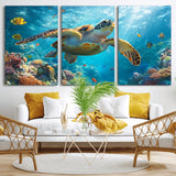 37623-MGV-CV-36X24-Sea Turtle Wall Art – Underwater Ocean Canvas Print with Coral Reef and Tropical Fish, Marine Life Painting Poster for Living