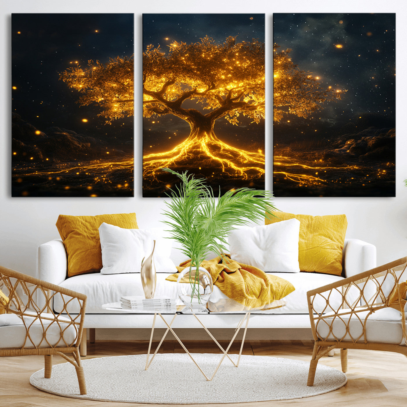 60194-MGV-CV-36X24-Glowing Tree Wall Art – Golden Roots Fantasy Canvas Print, Mystical Illuminated Tree Painting Poster for Living Room, Bedroom,