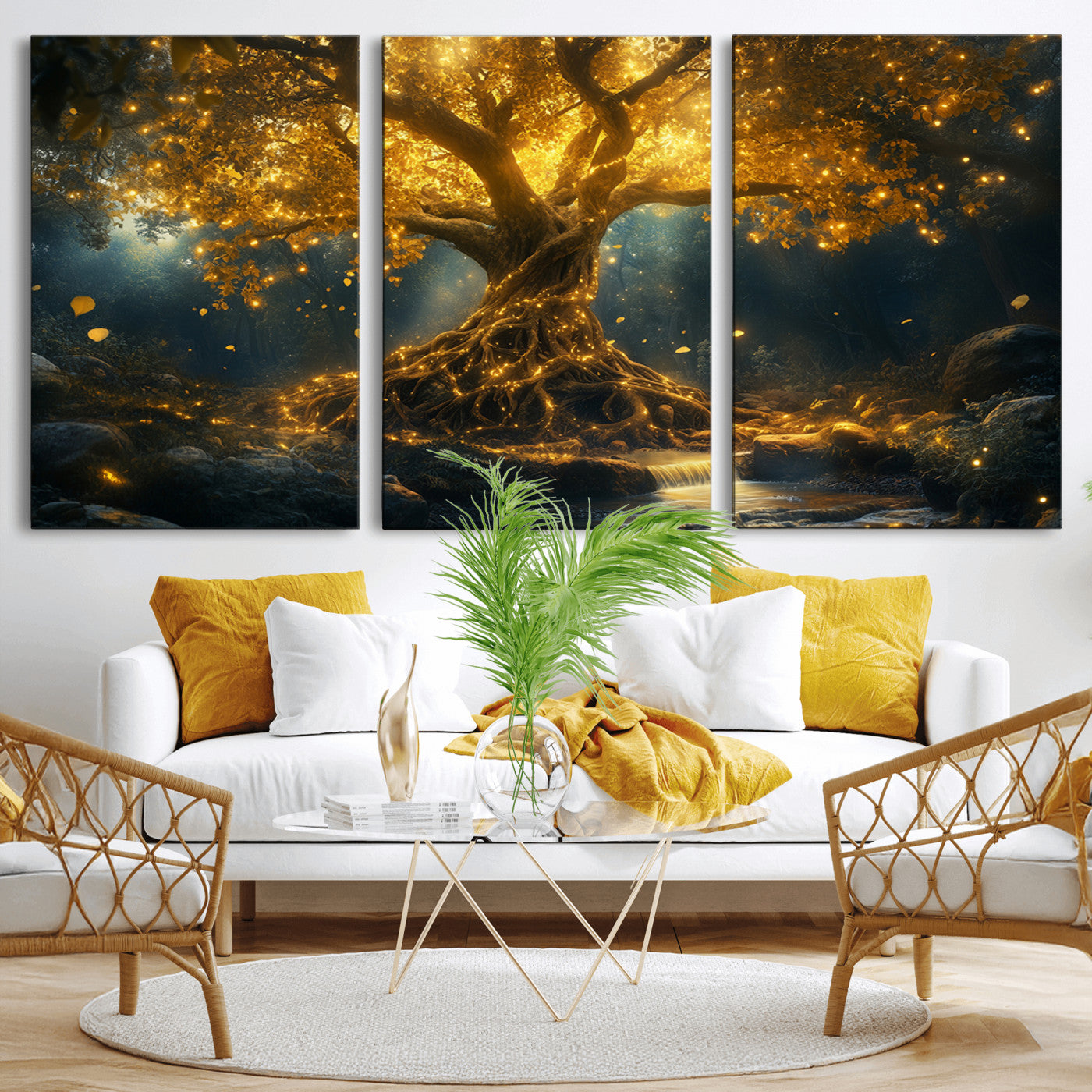 92739-MGV-CV-36X24-Glowing Tree Wall Art – Enchanted Golden Forest Canvas Print, Mystical Illuminated Nature Painting Poster for Living Room,