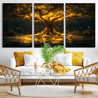 59580-MGV-CV-60X30-3P-Glowing Tree Wall Art – Golden Fantasy Nature Canvas Print, Mystical Illuminated Tree Painting Poster for Living Room, Bedroom,