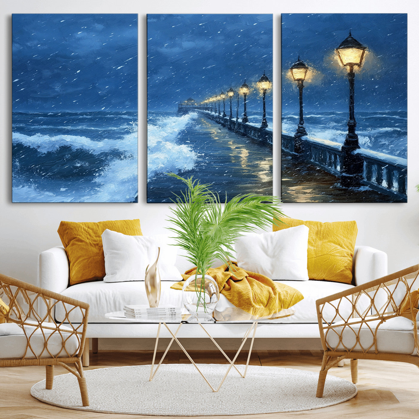 32668-MGV-CV-36X24-Stormy Pier Wall Art – Ocean Waves and Street Lamps Canvas Print, Rainy Night Seascape Oil Painting Poster for Living Room,