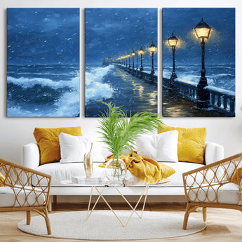 32668-MGV-CV-36X24-Stormy Pier Wall Art – Ocean Waves and Street Lamps Canvas Print, Rainy Night Seascape Oil Painting Poster for Living Room,