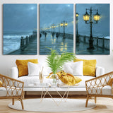 79606-MGV-CV-36X24-Rainy Pier Night Wall Art – Ocean Waves and Street Lamps Canvas Print, Moody Seascape Oil Painting Poster for Living Room,