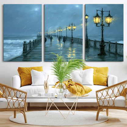 79606-MGV-CV-36X24-Rainy Pier Night Wall Art – Ocean Waves and Street Lamps Canvas Print, Moody Seascape Oil Painting Poster for Living Room,