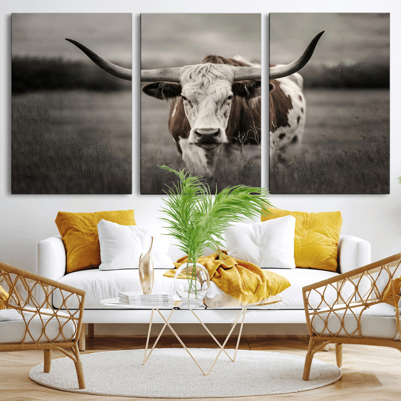 69238-MGV-CV-36X24-Longhorn Bull Wall Art – Rustic Black and White Texas Cattle Canvas Print, Western Farmhouse Animal Photography for Living Room,