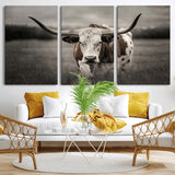69238-MGV-CV-36X24-Longhorn Bull Wall Art – Rustic Black and White Texas Cattle Canvas Print, Western Farmhouse Animal Photography for Living Room,