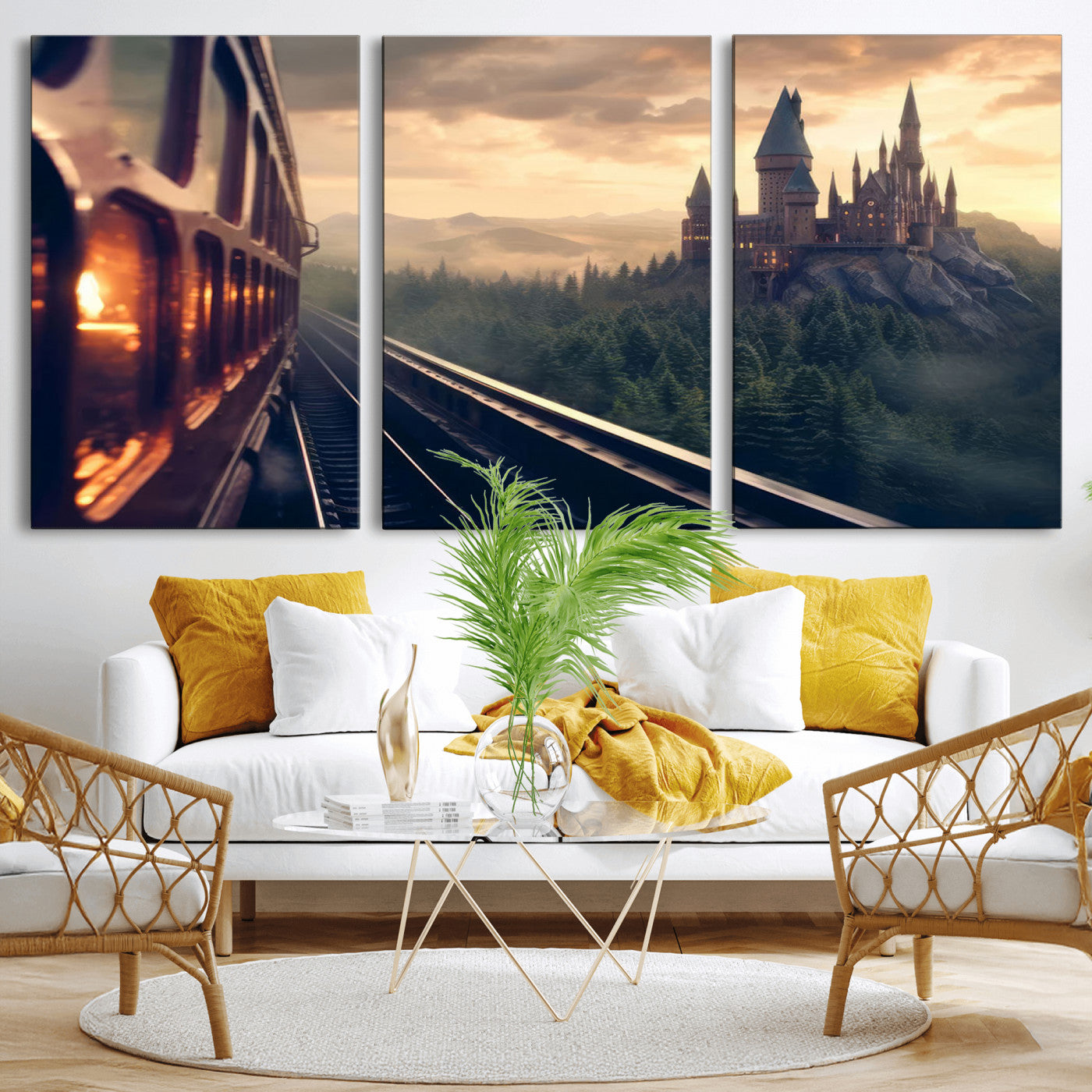 84029-MGV-CV-36X24-Fantasy Castle Wall Art – Magical Train Sunset Forest Canvas Print, Enchanted Landscape Painting Poster for Living Room, Bedroom,