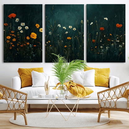 87037-MGV-CV-36X24-Wildflower Wall Art – Dark Botanical Floral Canvas Print, Modern Nature Painting Poster with Daisies Poppies Orange Flowers for
