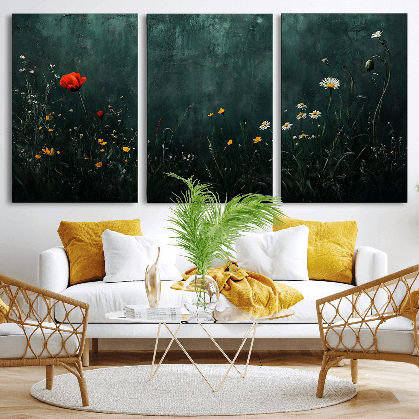 26218-MGV-CV-36X24-Wildflower Wall Art – Dark Botanical Floral Canvas Print, Modern Nature Painting Poster with Daisy Poppy Yellow Flowers for Living