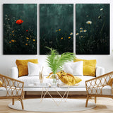26218-MGV-CV-36X24-Wildflower Wall Art – Dark Botanical Floral Canvas Print, Modern Nature Painting Poster with Daisy Poppy Yellow Flowers for Living