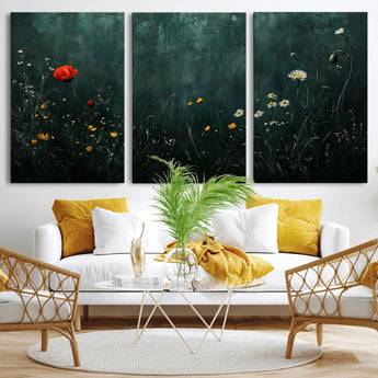 26218-MGV-CV-36X24-Wildflower Wall Art – Dark Botanical Floral Canvas Print, Modern Nature Painting Poster with Daisy Poppy Yellow Flowers for Living