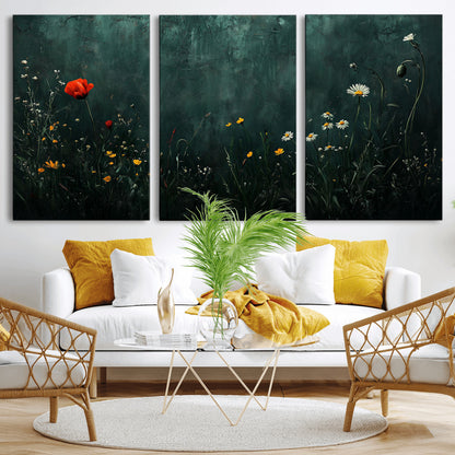 26218-MGV-CV-36X24-Wildflower Wall Art – Dark Botanical Floral Canvas Print, Modern Nature Painting Poster with Daisy Poppy Yellow Flowers for Living