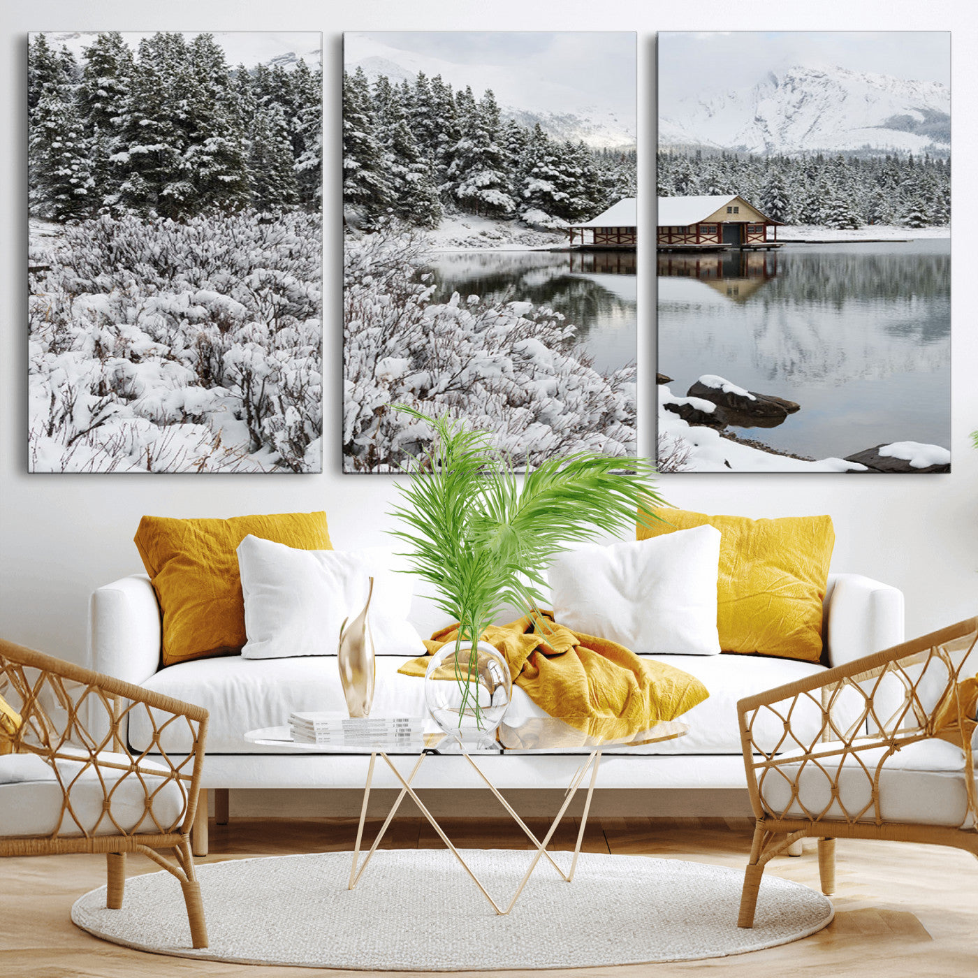 29975-MGV-CV-36X24-Winter Cabin by the Lake Wall Art – Snowy Mountain Landscape Canvas Print, Rustic Lodge Cabin Decor for Cozy Living Room, Bedroom