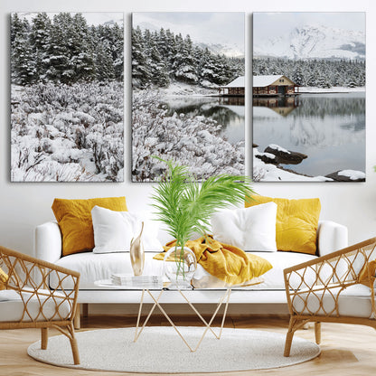 29975-MGV-CV-36X24-Winter Cabin by the Lake Wall Art – Snowy Mountain Landscape Canvas Print, Rustic Lodge Cabin Decor for Cozy Living Room, Bedroom