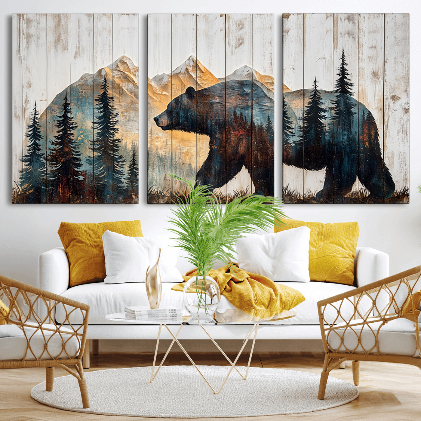 90077-MGV-CV-36X24-Wood Grizzly Bear Wall Art Canvas Print, Framed Abstract Bear Art Picture Print, Bear in Forest Perfect Rustic Lodge Decor Artwork