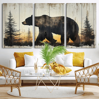 83875-MGV-CV-36X24-Sunset Bear Wall Art – Rustic Wildlife Canvas Print with Forest Silhouette, Cabin Lodge Decor for Living Room or Office