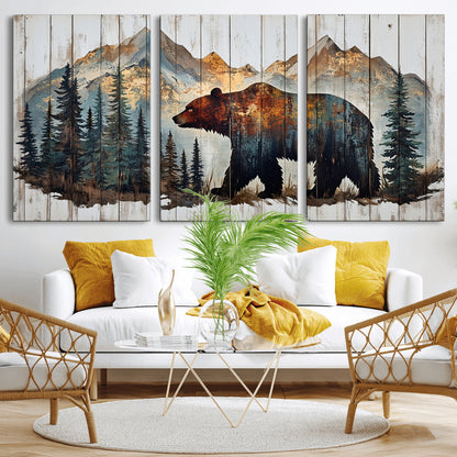 55777-MGV-CV-36X24-Rustic Bear Wall Art Canvas Print, Framed Mountain and Forest Art Picture Print, Wooden Bear Perfect Rustic Lodge Decor Artwork