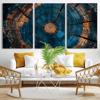 65231-MGV-CV-60X30-3P-Blue and Gold Tree Ring Wall Art – Rustic Abstract Wood Slice Canvas Print, Modern Nature Inspired Artwork for Living Room,