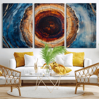 30457-MGV-CV-36X24-Tree Ring Abstract Wall Art – Blue and Brown Wood Grain Canvas Print, Modern Nature Inspired Painting for Rustic Living Room,