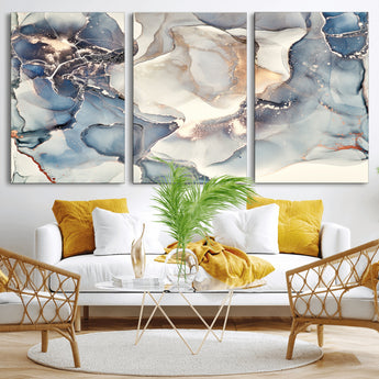 51497-MGV-CV-36X24-Abstract Blue and Gold Wall Art – Modern Fluid Ink Style Canvas Print, Elegant Contemporary Decor for Living Room, Office