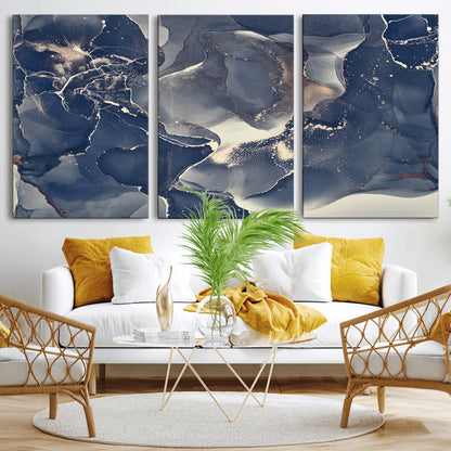 28282-MGV-CV-36X24-Blue Abstract Wall Art – Modern Ink Swirl Canvas Print, Contemporary Navy and Gold Painting for Living Room, Bedroom, Office or