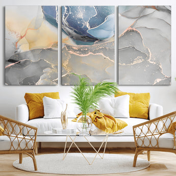 18176-MGV-CV-36X24-Abstract Fluid Wall Art – Modern Marble Ink Canvas Print with Blue, Gold, and Gray Tones, Contemporary Minimal Artwork Decor for