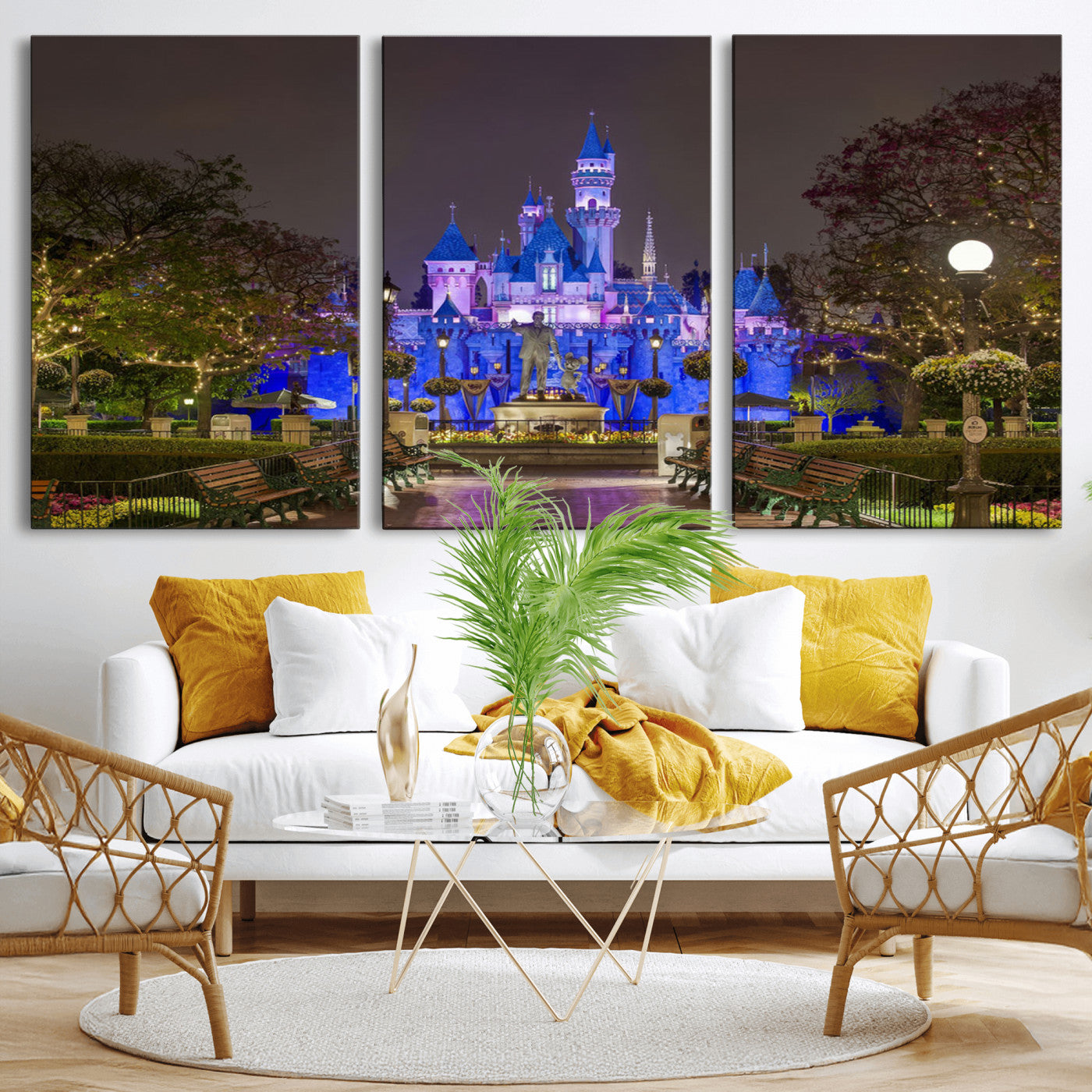 63560-MGV-CV-36X24-Fairy Tale Castle Wall Art – Magical Night Scene Canvas Print with Lights and Gardens, Fantasy Architecture Artwork for Living